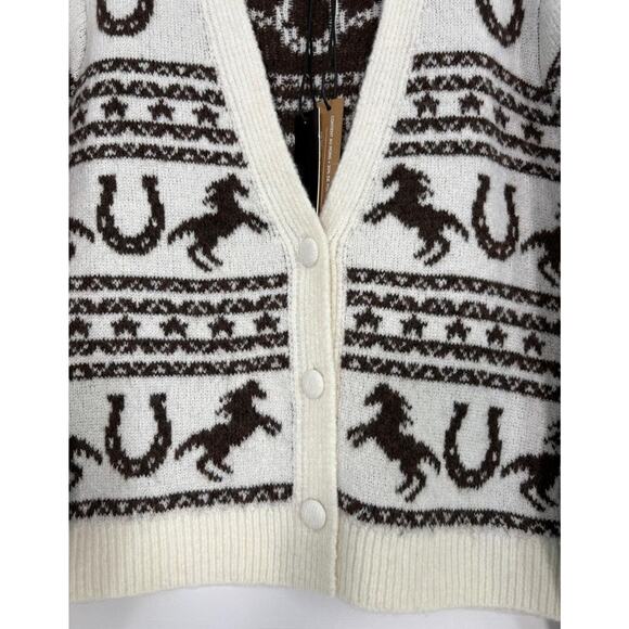 Women’s Aztec Ivory Brown Horse Print Knit Western Cardigan Sweater Sz M - Picture 11 of 12
